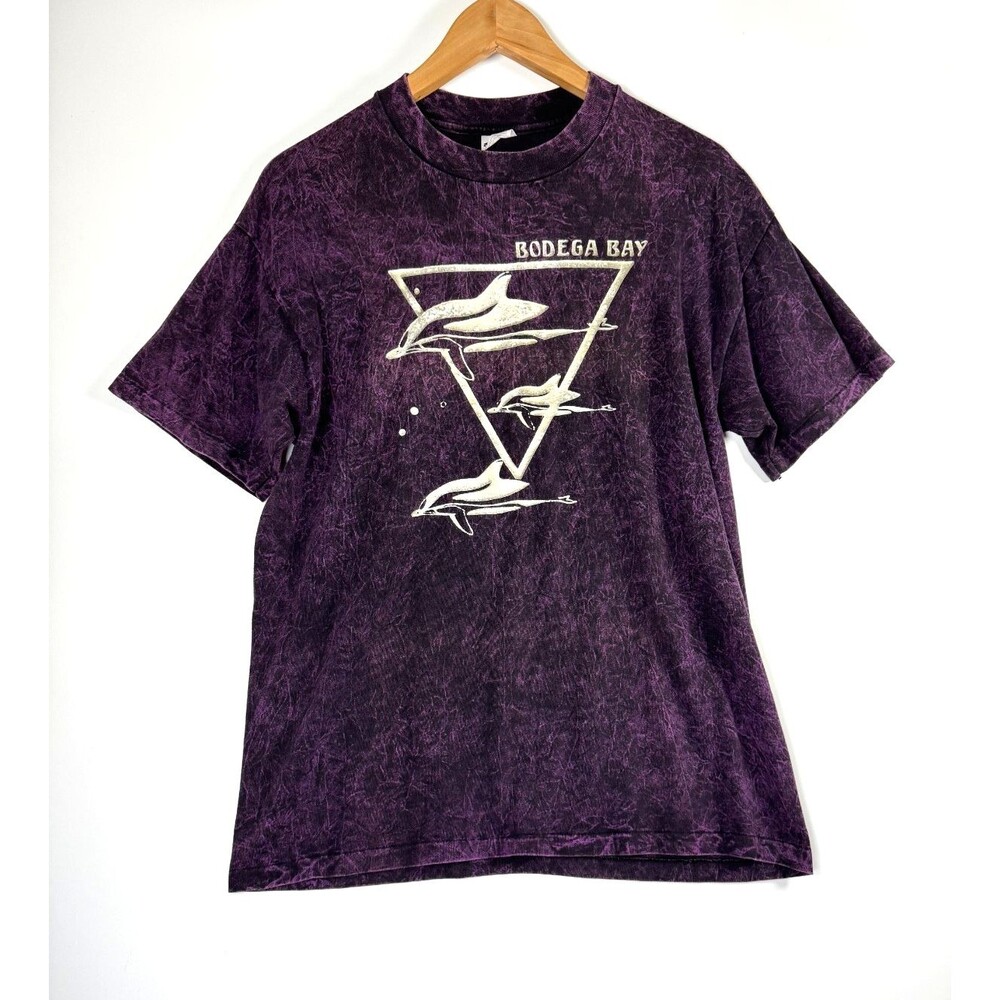 Vintage Bodega Bay T Shirt Women Large Purple Acid Wash Dolphins Graphic 80s 90s